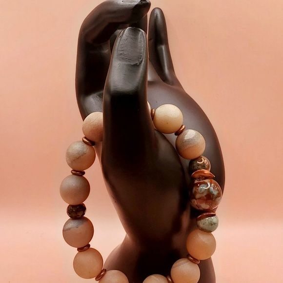 Druzy Agate, Bronzite, Copper, Raku, and Lampwork Beaded Bracelet - Picture 2 of 5